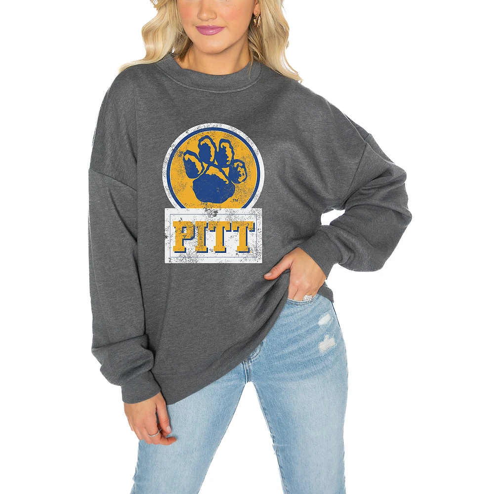 Women's Gameday Couture Pitt Panthers Charcoal Oversized Drop Shoulder Fleece Pullover Sweatshirt