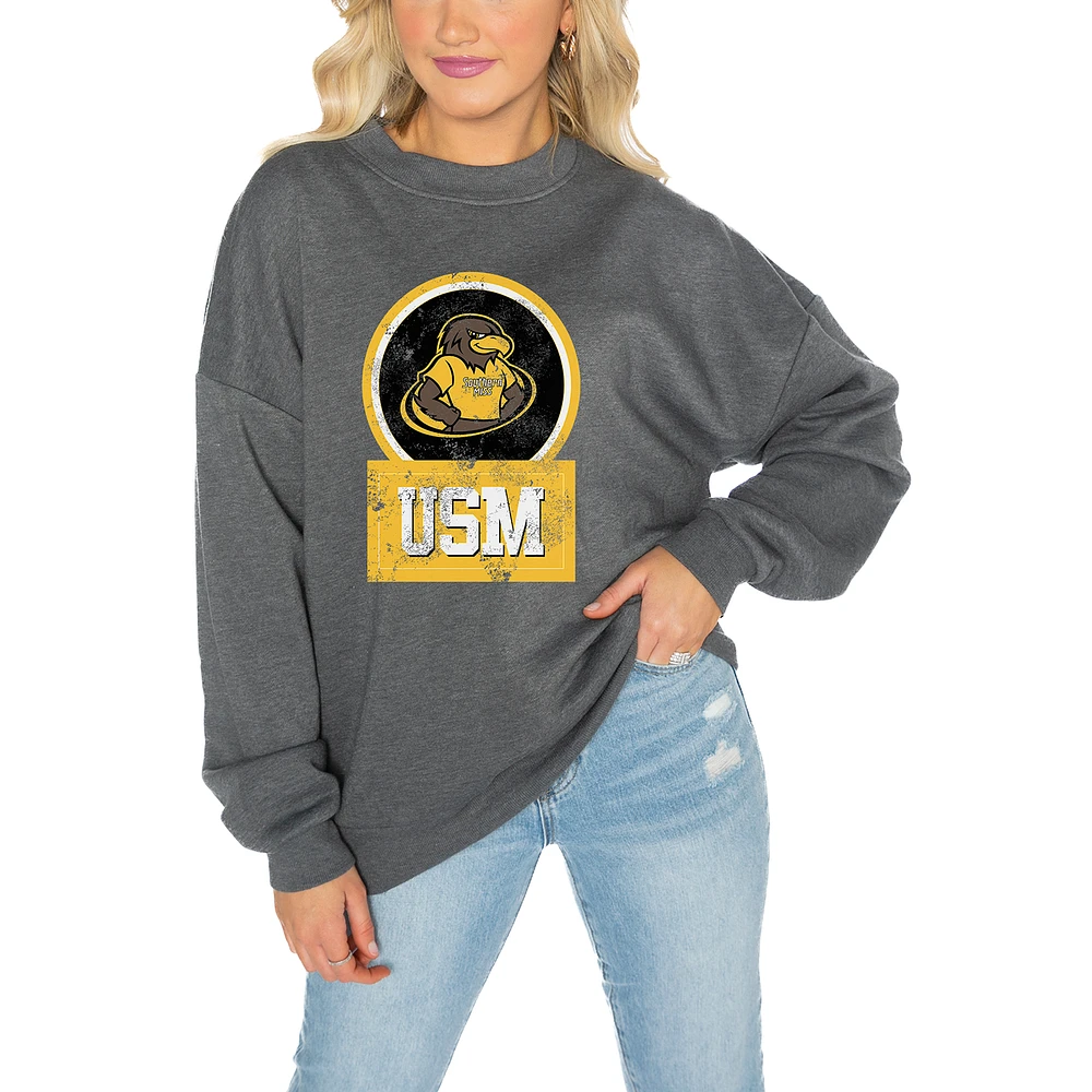 Women's Gameday Couture Southern Miss Golden Eagles Charcoal Oversized Drop Shoulder Fleece Pullover Sweatshirt