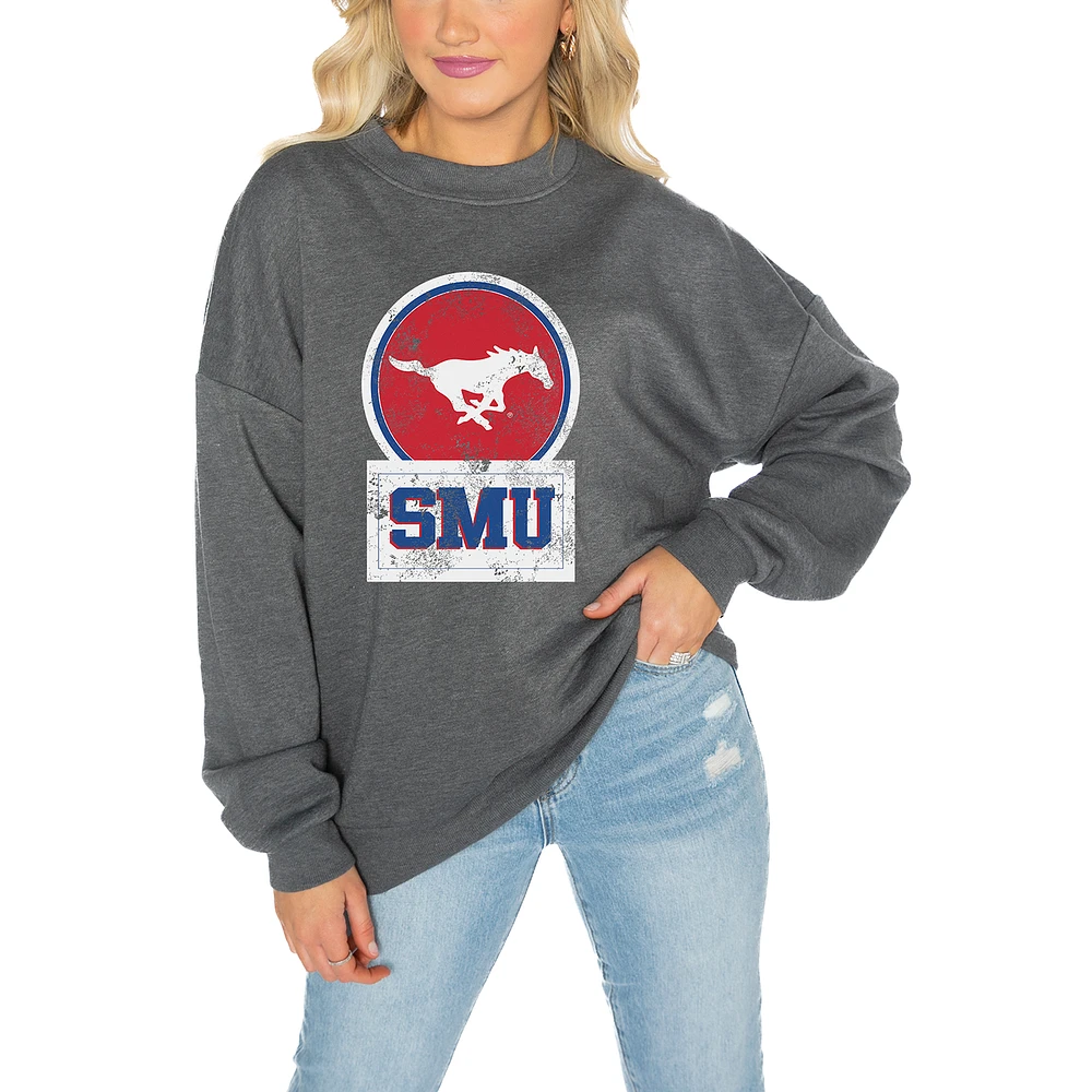 Women's Gameday Couture SMU Mustangs Charcoal Oversized Drop Shoulder Fleece Pullover Sweatshirt