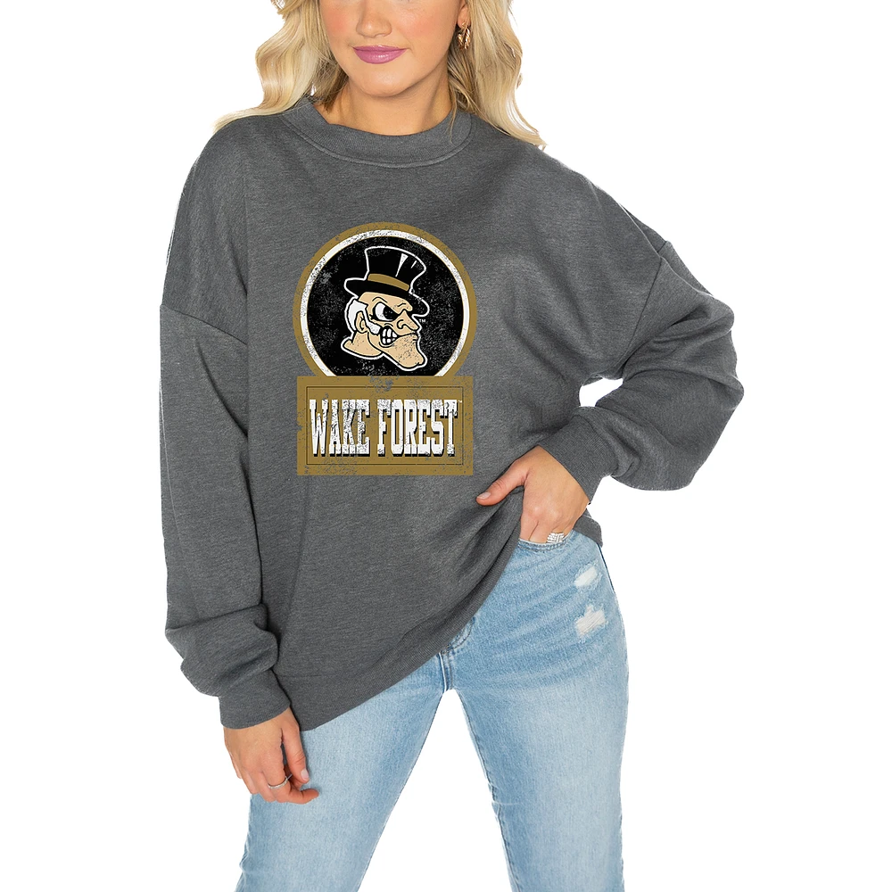 Women's Gameday Couture Wake Forest Demon Deacons Charcoal Oversized Drop Shoulder Fleece Pullover Sweatshirt