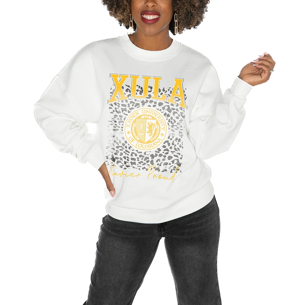 Women's Gameday Couture Xavier University of Louisiana Gold Rush White Oversized Drop Shoulder Fleece Pullover Sweatshirt