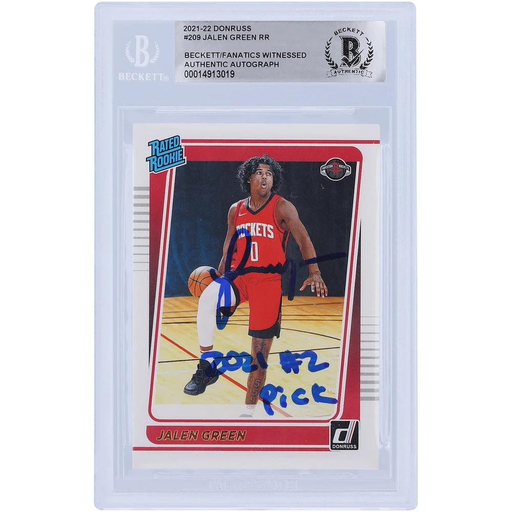 Jalen Green Houston Rockets Autographed 2021-22 Panini Donruss Rated Rookie #209 Beckett Fanatics Witnessed Authenticated Rookie Card with "2021 #2 Pick" Inscription