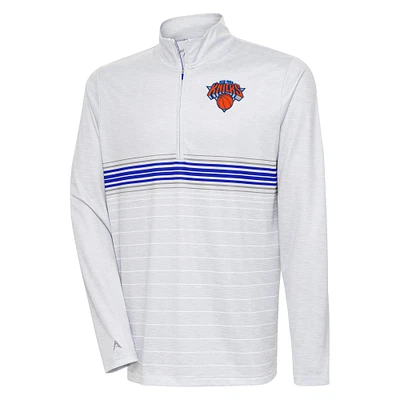 Men's Antigua Heather Gray/Royal New York Knicks Bullseye Quarter-Zip Pullover Top