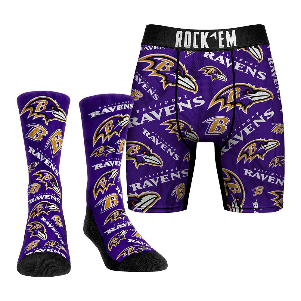Men's Rock Em Socks Baltimore Ravens All-Over Logo Underwear and Crew Combo Pack