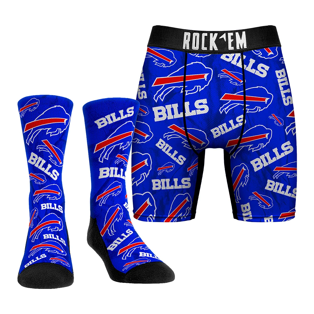 Men's Rock Em Socks Buffalo Bills All-Over Logo Underwear and Crew Combo Pack