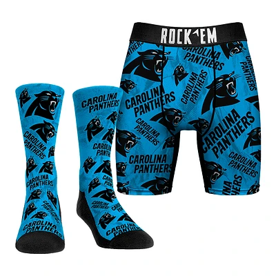 Men's Rock Em Socks Carolina Panthers All-Over Logo Underwear and Crew Combo Pack
