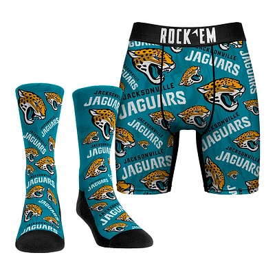 Men's Rock Em Socks Jacksonville Jaguars All-Over Logo Underwear and Crew Combo Pack