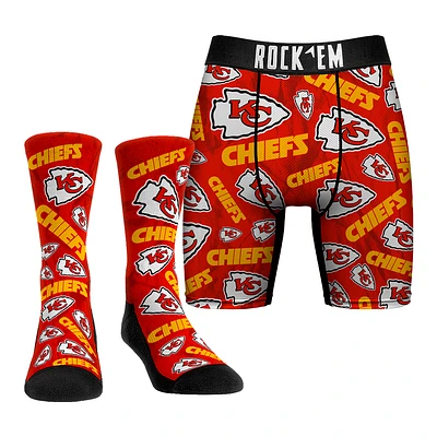Men's Rock Em Socks Kansas City Chiefs All-Over Logo Underwear and Crew Combo Pack