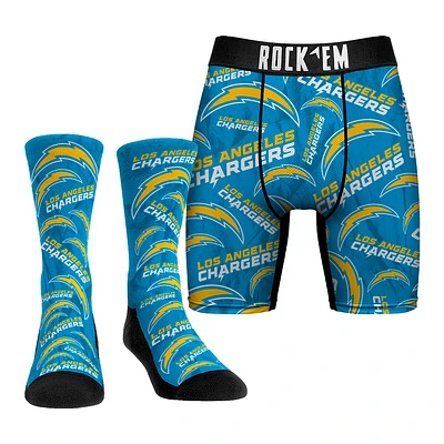 Men's Rock Em Socks Los Angeles Chargers All-Over Logo Underwear and Crew Combo Pack