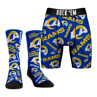 Men's Rock Em Socks Los Angeles Rams All-Over Logo Underwear and Crew Combo Pack