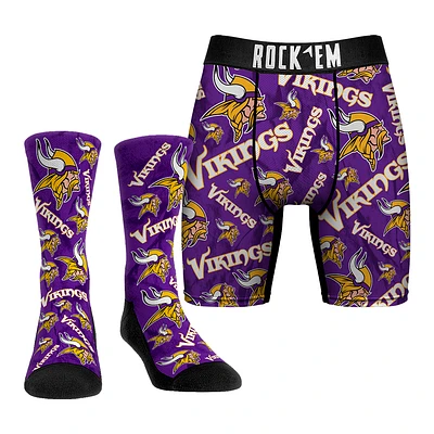 Men's Rock Em Socks Minnesota Vikings All-Over Logo Underwear and Crew Combo Pack