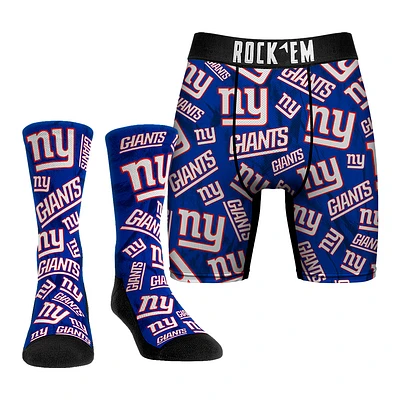 Men's Rock Em Socks New York Giants All-Over Logo Underwear and Crew Combo Pack