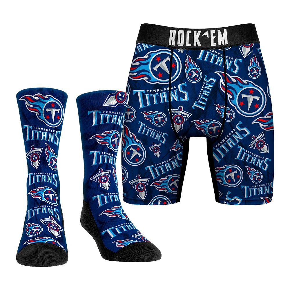 Men's Rock Em Socks Tennessee Titans All-Over Logo Underwear and Crew Combo Pack