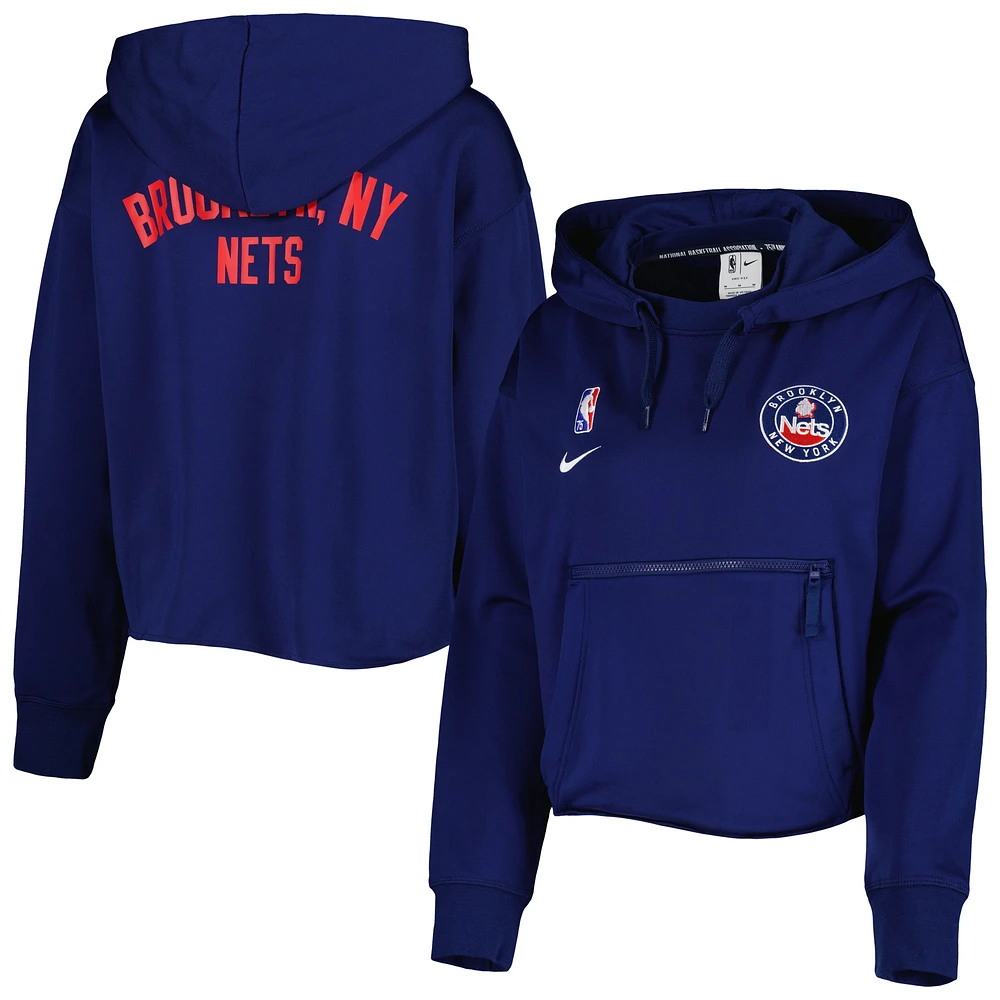 Women's Nike Navy Brooklyn Nets Courtside Cropped Tri-Blend Performance Pullover Hoodie