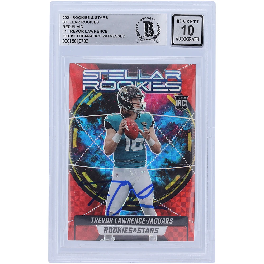 Trevor Lawrence Jacksonville Jaguars Autographed 2021 Panini Rookies and Stars Stellar Rookies Red #SR-1 Beckett Fanatics Witnessed Authenticated 10 Rookie Card