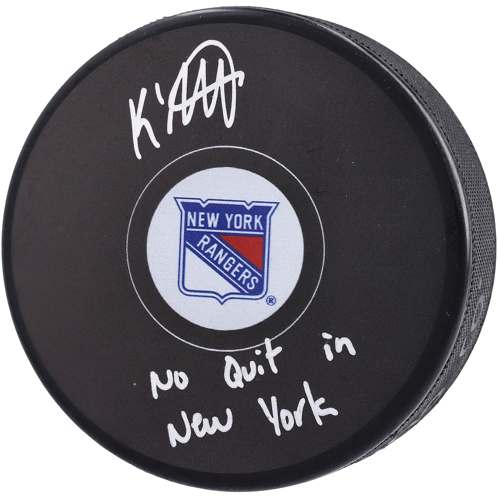K'Andre Miller New York Rangers Autographed Hockey Puck with "No Quit in New York" Inscription