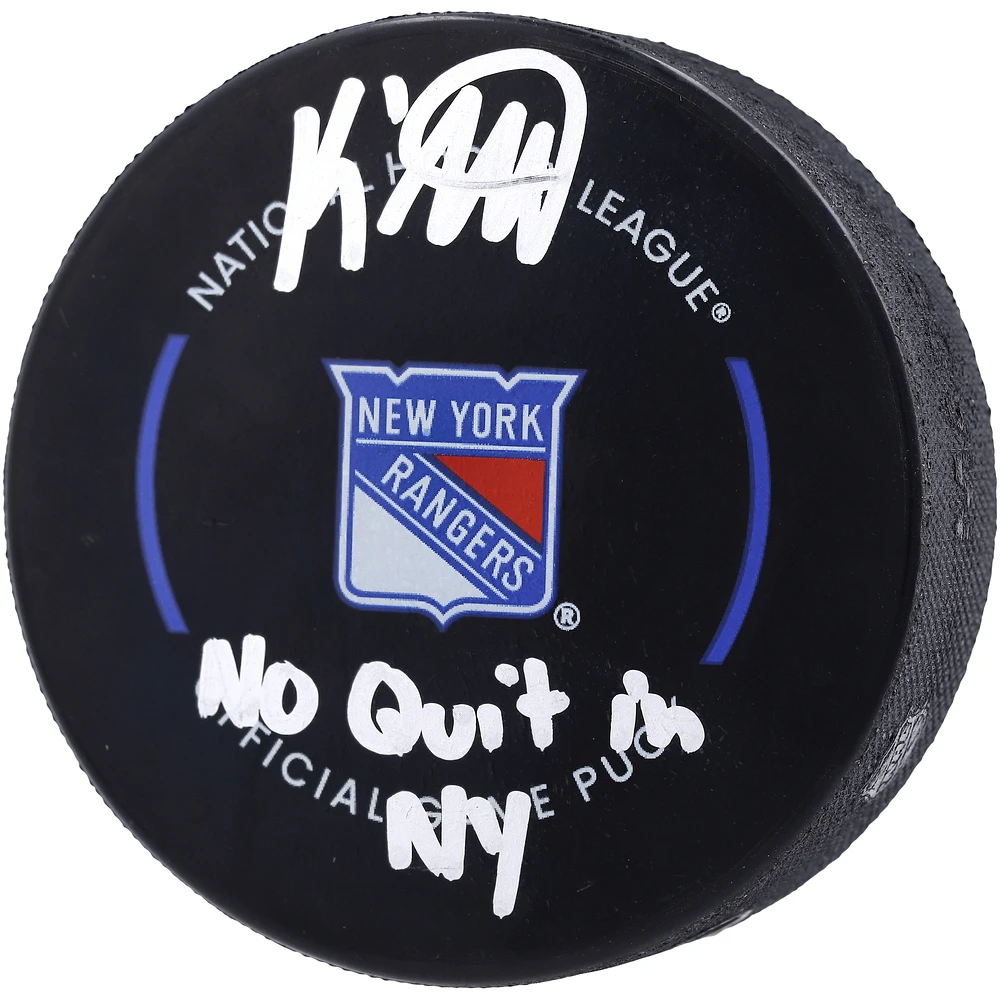 K'Andre Miller New York Rangers Autographed Official Game Puck with "No Quit in NY" Inscription