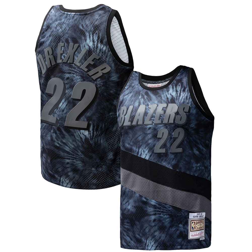 Men's Mitchell & Ness Clyde Drexler Black Portland Trail Blazers Hardwood Classics 1991/92 Tie-Dye Swingman Jersey