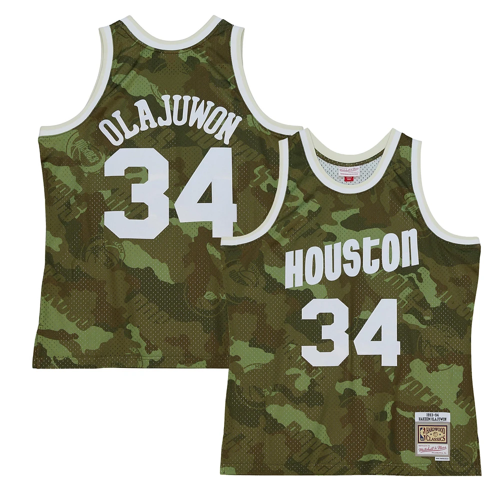 Men's Mitchell & Ness Hakeem Olajuwon Camo Houston Rockets Hardwood Classics 1993/94 Ghost Green Swingman Jersey