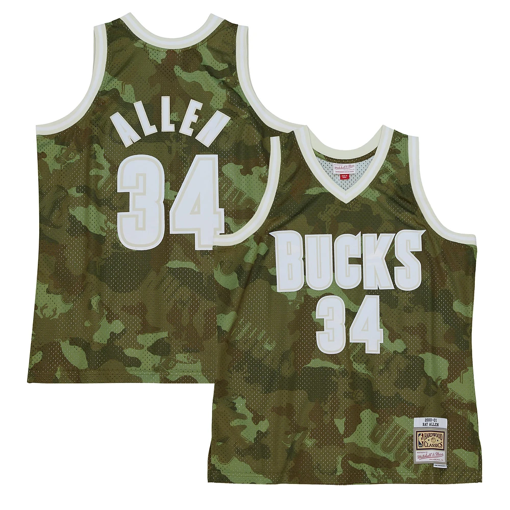 Men's Mitchell & Ness Ray Allen Camo Milwaukee Bucks Hardwood Classics 2000/01 Ghost Green Swingman Jersey