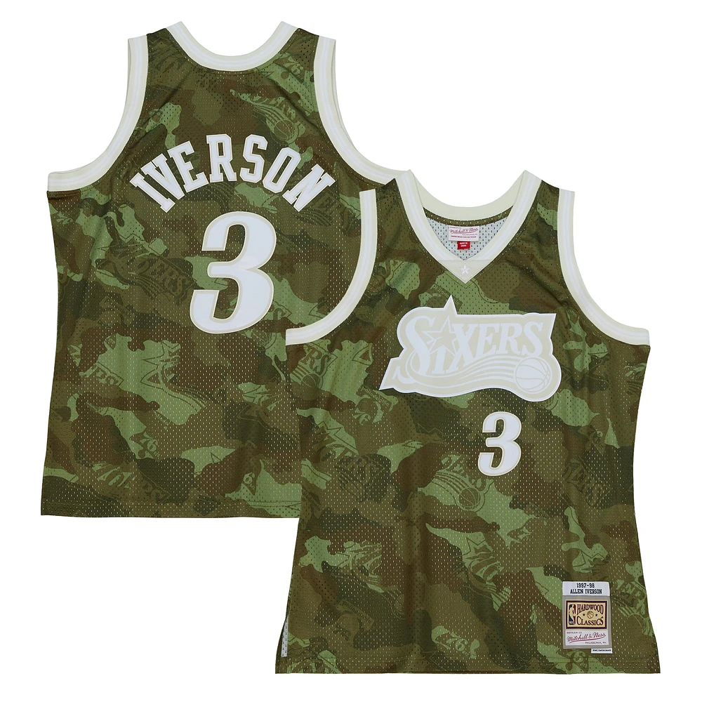 Men's Mitchell & Ness Allen Iverson Camo Philadelphia 76ers Hardwood Classics 1997/98 Ghost Green Swingman Jersey