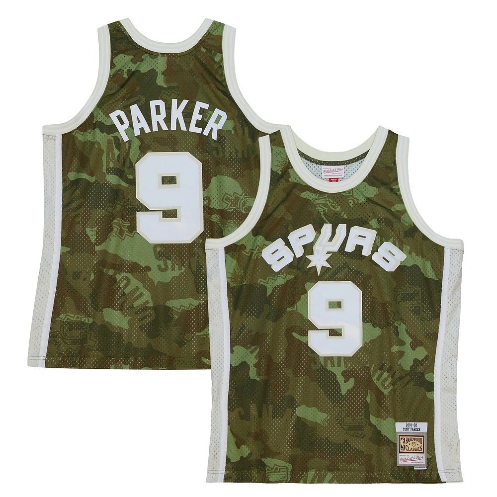 Men's Mitchell & Ness Tony Parker Camo San Antonio Spurs Hardwood Classics 2000/01 Ghost Green Swingman Jersey