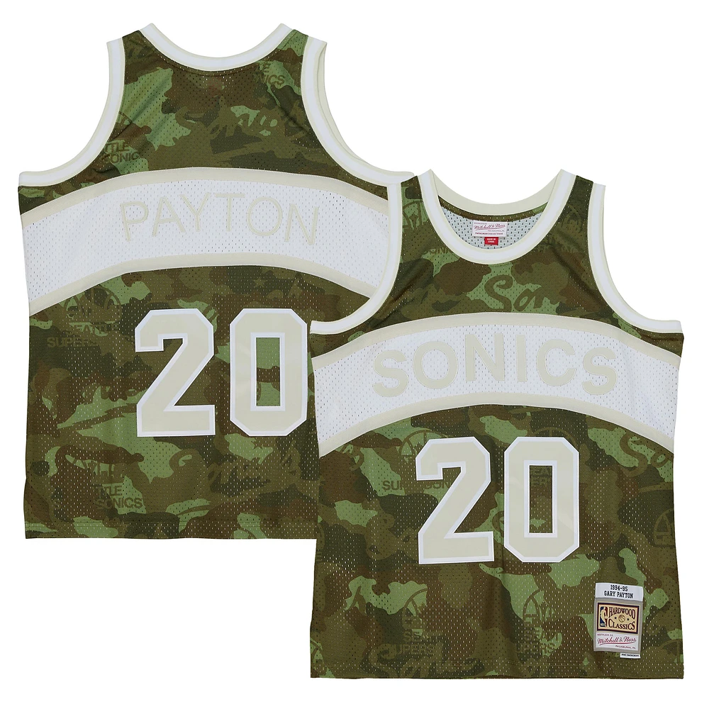 Men's Mitchell & Ness Gary Payton Camo Seattle SuperSonics Hardwood Classics 1984/85 Ghost Green Swingman Jersey