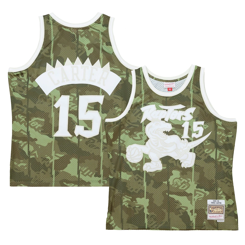 Men's Mitchell & Ness Vince Carter Camo Toronto Raptors Hardwood Classics 1998/99 Ghost Green Swingman Jersey