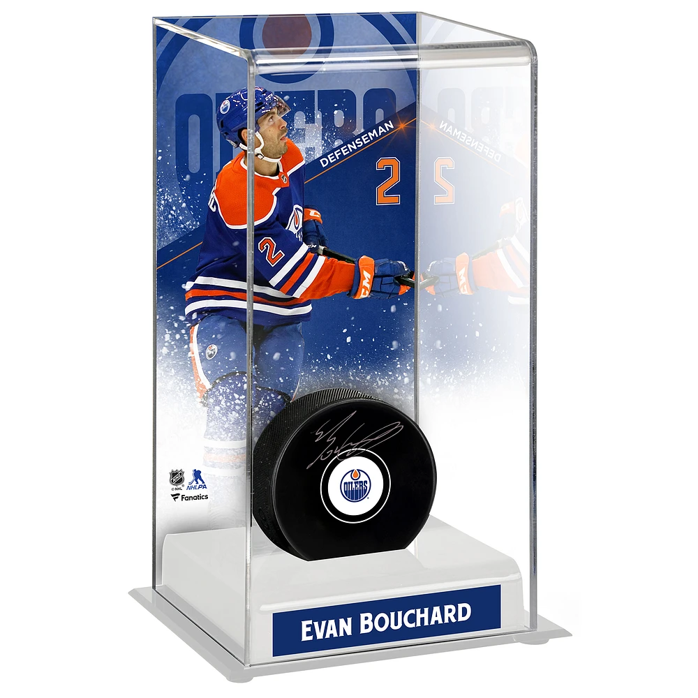 Evan Bouchard Edmonton Oilers Autographed Puck with Deluxe Tall Hockey Puck Case