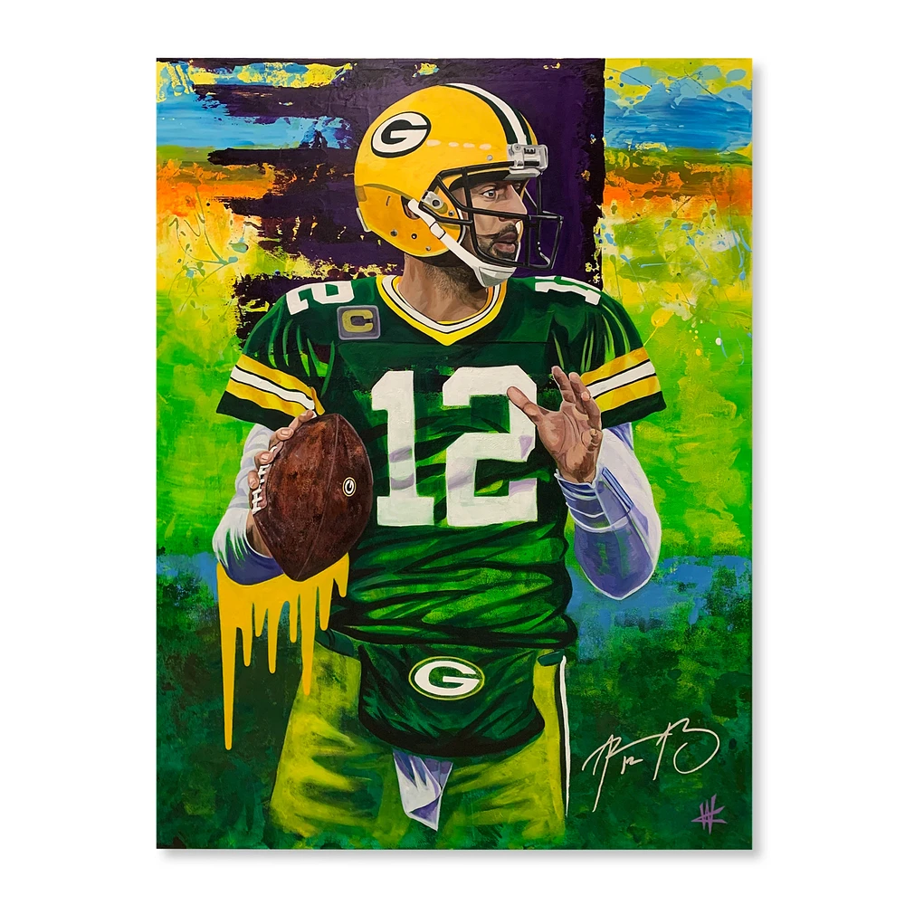 Aaron Rodgers Green Bay Packers Autographed Stretched 36" x 48" Original Canvas Artwork - Art by Cortney Wall - #1 of Limited Edition 1