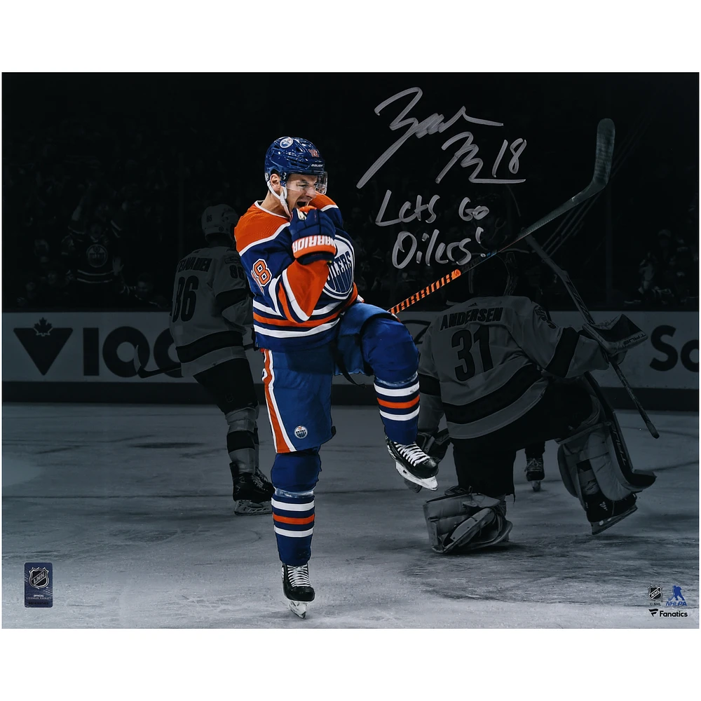 Zach Hyman Edmonton Oilers Autographed 16" x 20" Blue Jersey Celebrating Photograph with "Lets Go Oilers!" Inscription