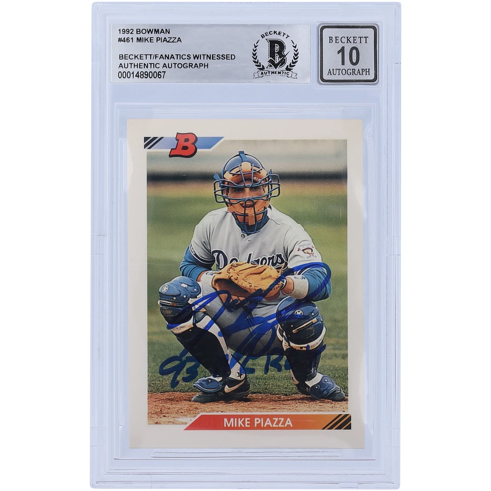 Mike Piazza Los Angeles Dodgers Autographed 1992 Bowman Series 1 #461 Beckett Fanatics Witnessed Authenticated 10 Rookie Card with "93 NL ROY" Inscription