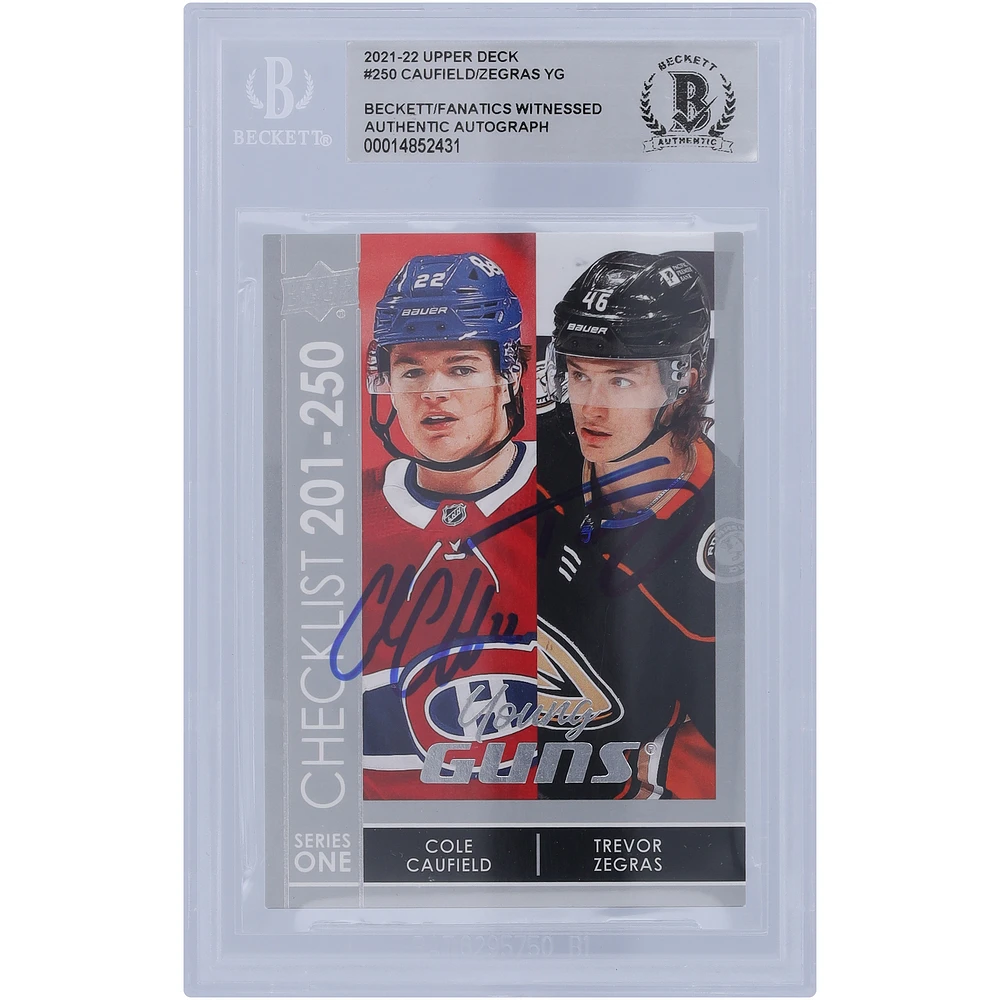 Cole Caufield Montreal Canadiens and Trevor Zegras Anaheim Ducks Autographed 2021-22 Upper Deck Young Guns Checklist Silver #250 Beckett Fanatics Witnessed Authenticated Rookie Card