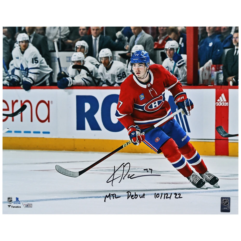 Kirby Dach Montreal Canadiens Autographed 16" x 20" Red Jersey Canadiens Debut Photograph with "MTL Debut 10/12/22" Inscription