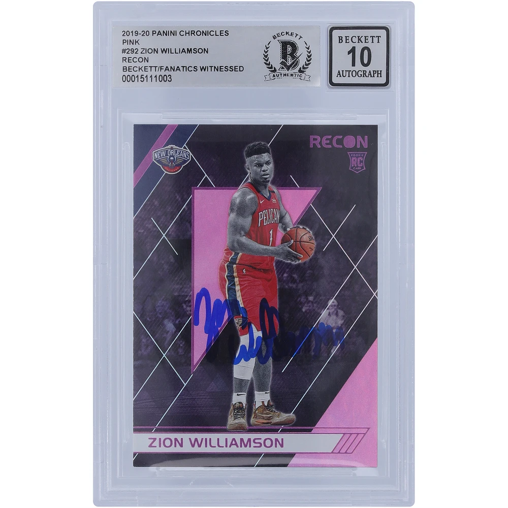 Zion Williamson New Orleans Pelicans Autographed 2019-20 Panini Chronicles Recon Pink Variation #292 Beckett Fanatics Witnessed Authenticated 10 Rookie Card
