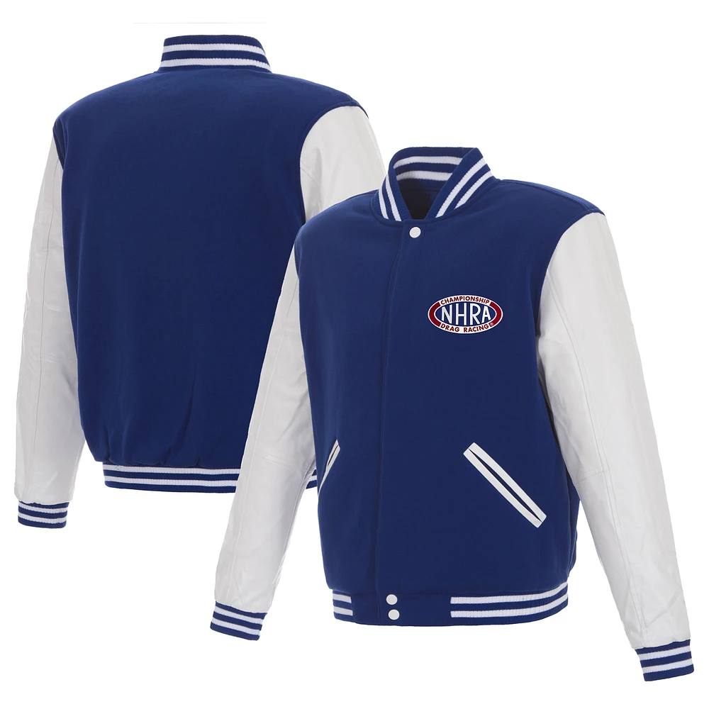 Men's JH Design Royal NHRA One Hit Reversible Fleece Jacket with Faux Leather Sleeves