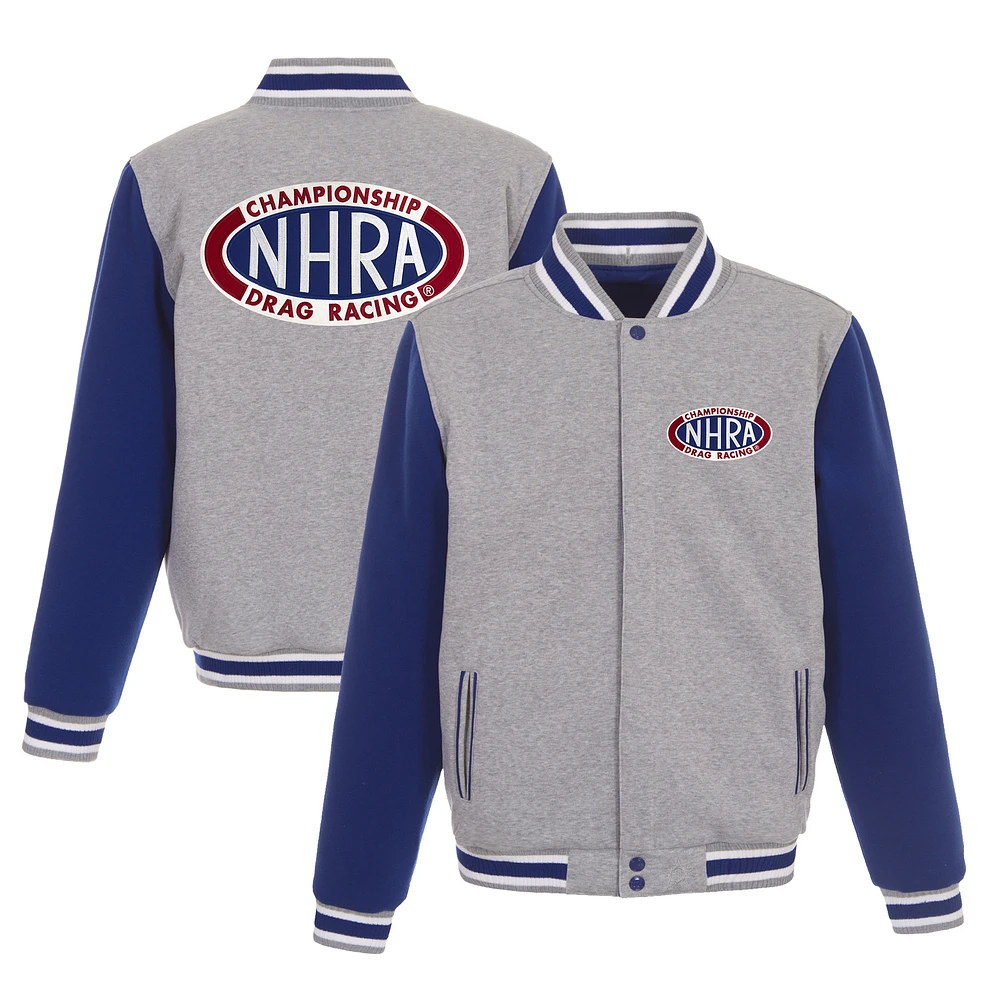 Men's JH Design Gray NHRA Two Hit Reversible Fleece Full-Snap Jacket
