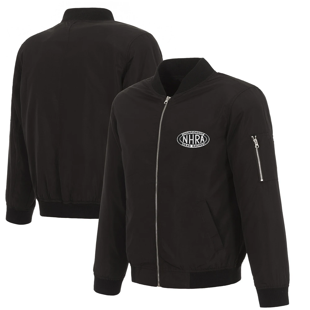 Men's JH Design Black NHRA Logo Full-Zip Nylon Bomber Jacket