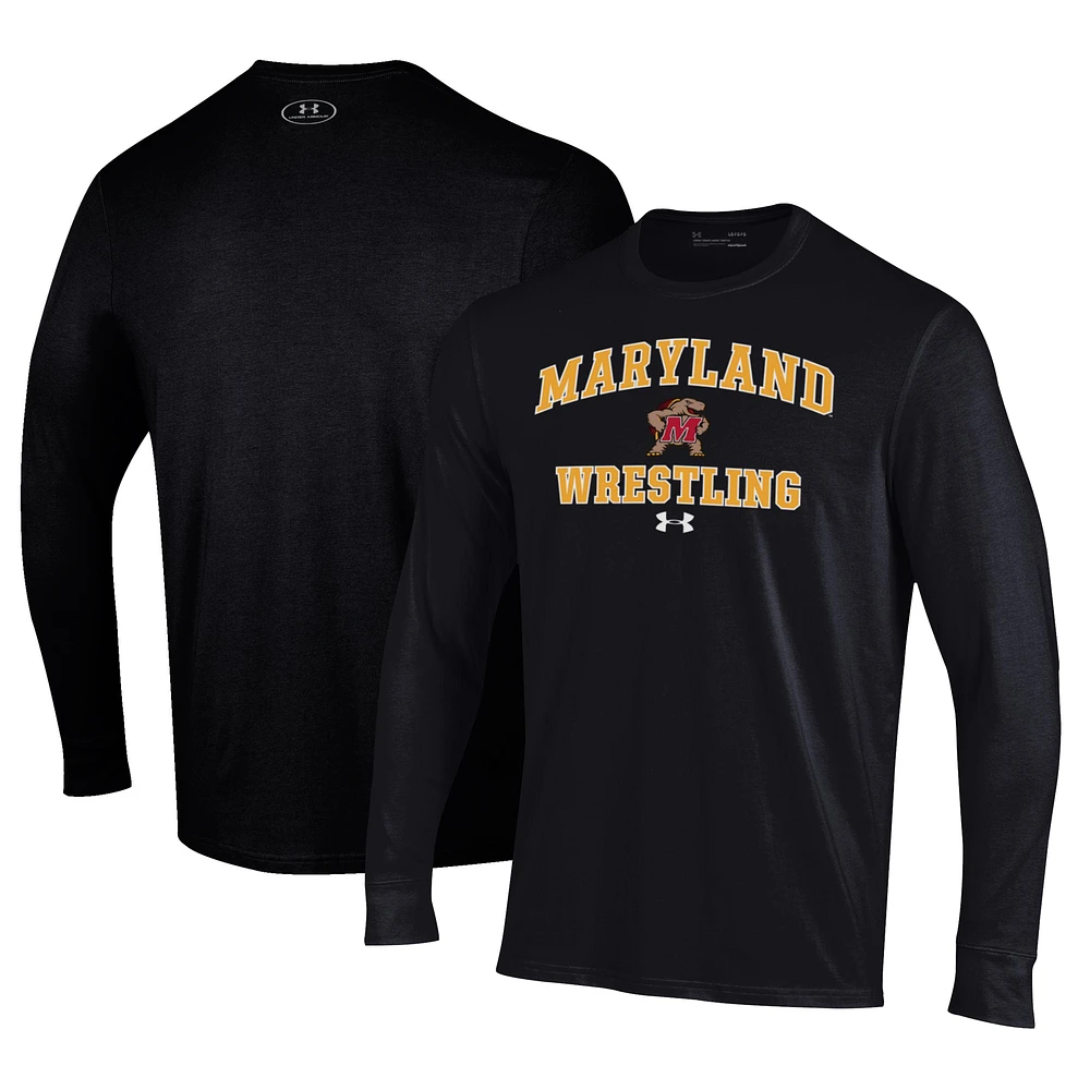 Men's Under Armour Black Maryland Terrapins Wrestling Arch Over Performance Long Sleeve T-Shirt