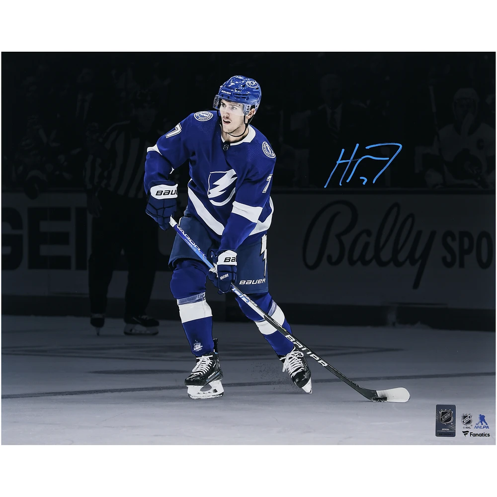 Haydn Fleury Tampa Bay Lightning Autographed 16" x 20" Blue Jersey with Puck Photograph