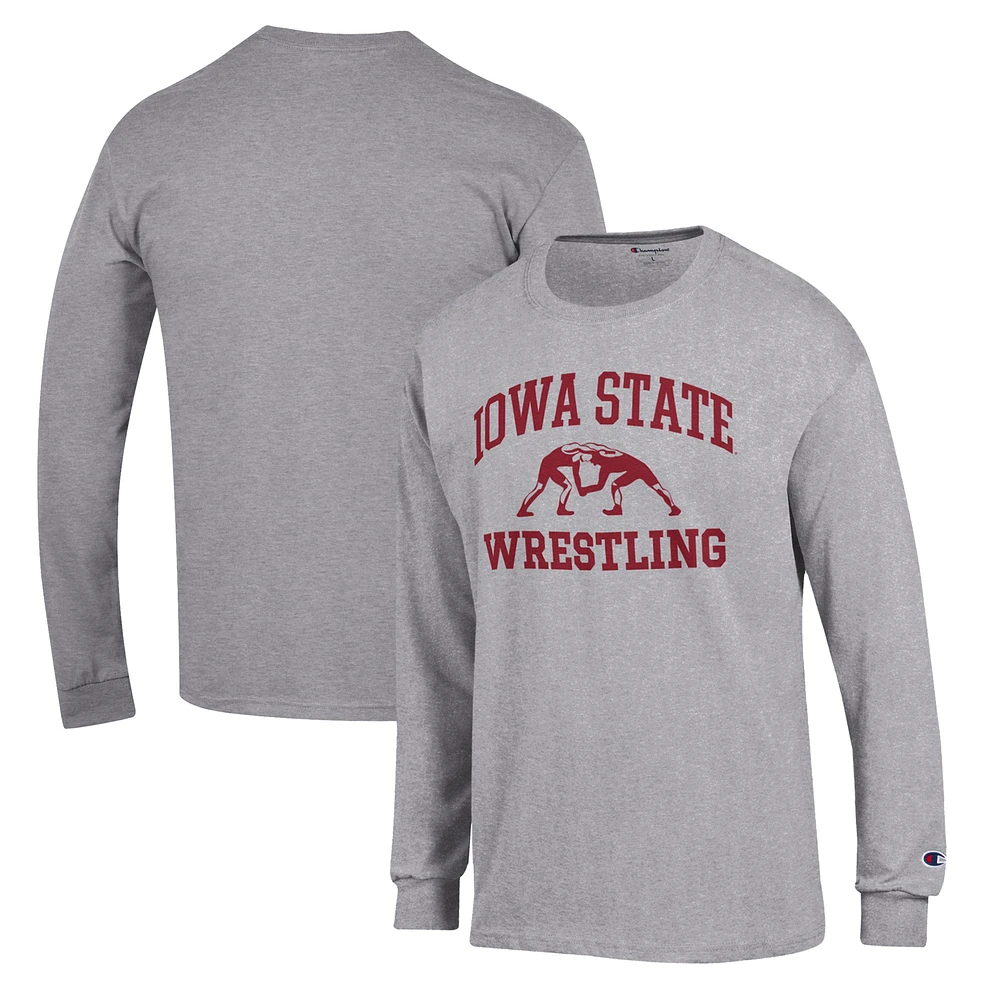 Men's Champion Gray Iowa State Cyclones Wrestling Icon Long Sleeve T-Shirt