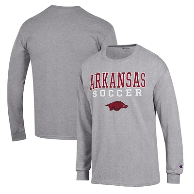 Men's Champion Gray Arkansas Razorbacks Soccer Stack Logo Long Sleeve T-Shirt