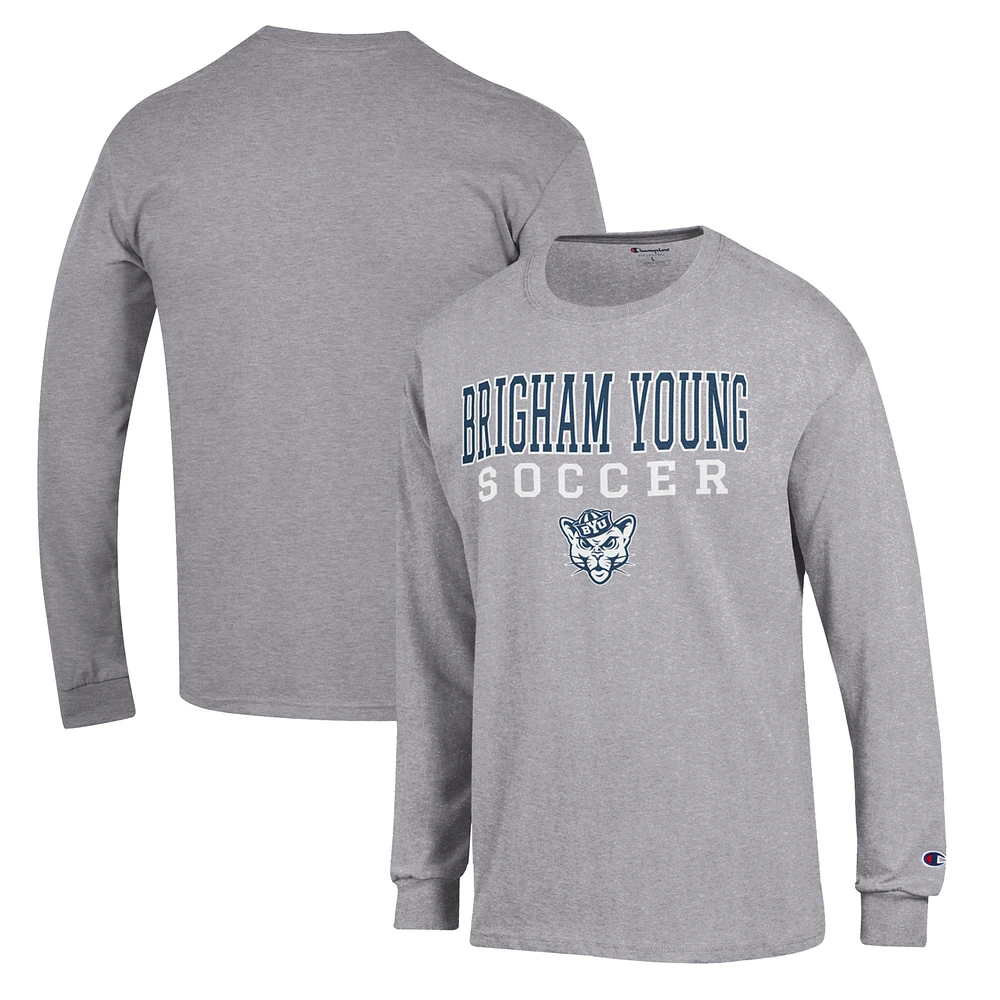Men's Champion Gray BYU Cougars Soccer Stack Logo Long Sleeve T-Shirt