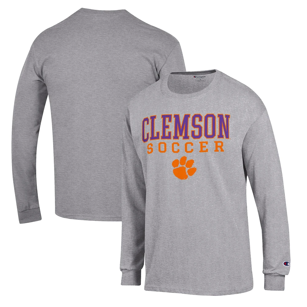 Men's Champion Gray Clemson Tigers Soccer Stack Logo Long Sleeve T-Shirt
