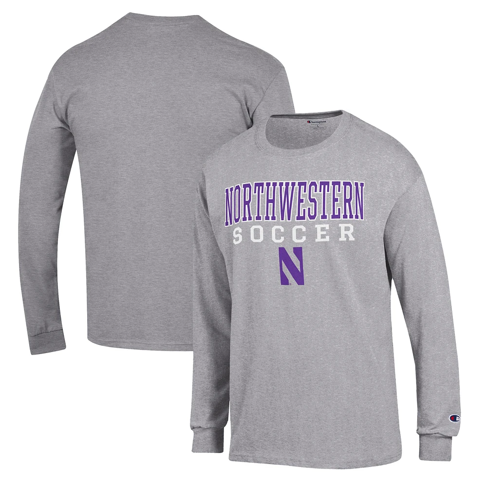 Men's Champion Gray Northwestern Wildcats Soccer Stack Logo Long Sleeve T-Shirt