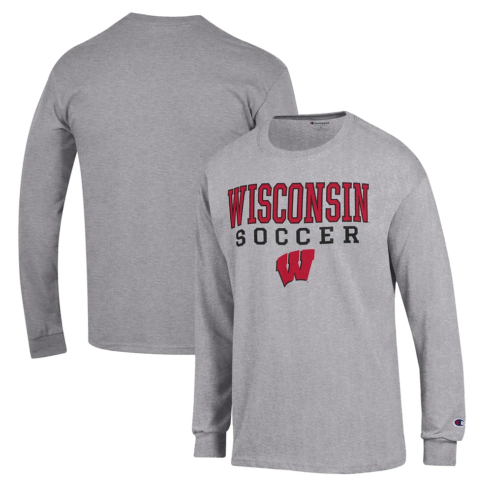 Men's Champion Gray Wisconsin Badgers Soccer Stack Logo Long Sleeve T-Shirt