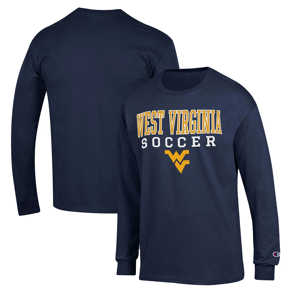 Men's Champion Navy West Virginia Mountaineers Soccer Stack Logo Long Sleeve T-Shirt