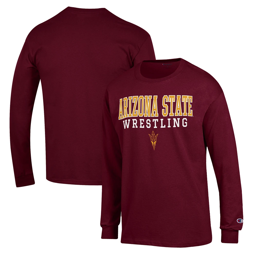 Men's Champion Maroon Arizona State Sun Devils Wrestling Stack Logo Long Sleeve T-Shirt