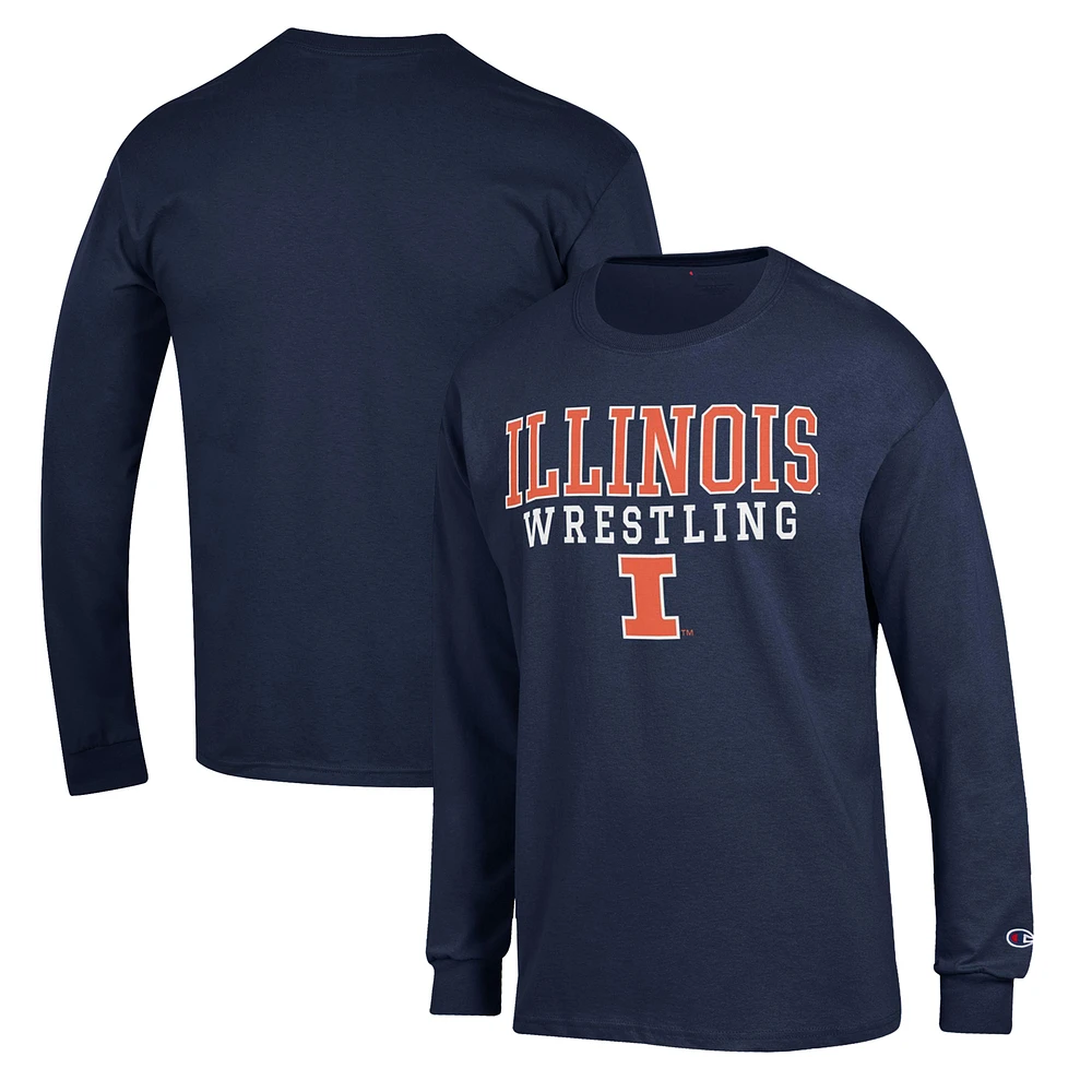 Men's Champion Navy Illinois Fighting Illini Wrestling Stack Logo Long Sleeve T-Shirt