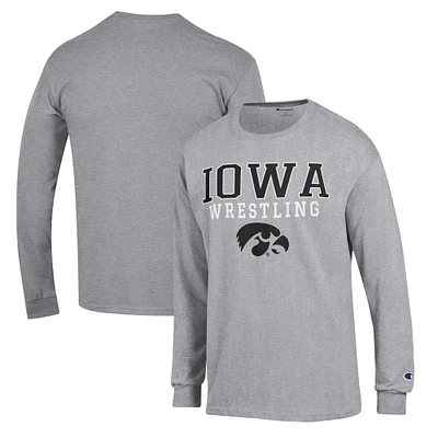 Men's Champion Gray Iowa Hawkeyes Wrestling Stack Logo Long Sleeve T-Shirt